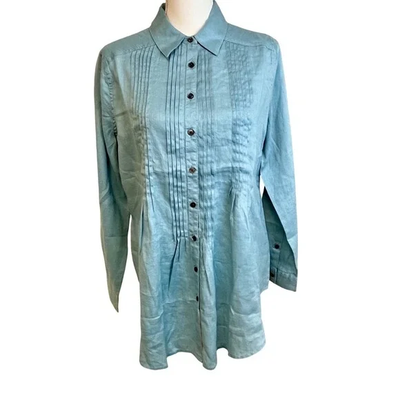 SUNDANCE Blue Katina Linen Pintuck Tunic Shirt Sz M Pleated Boho Travel‎ Relaxed - Picture 11 of 14